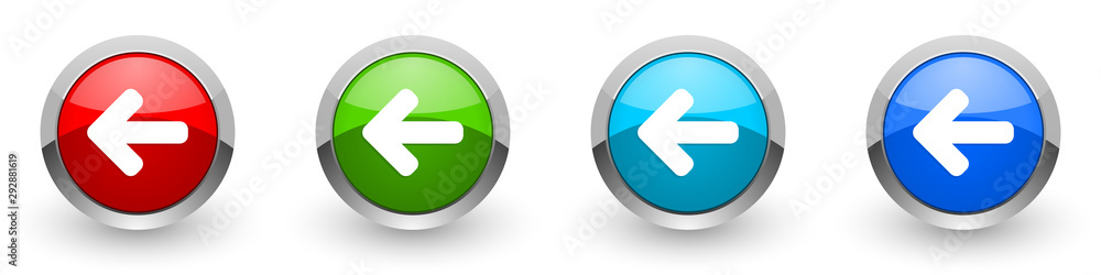 Poster Left arrow silver metallic glossy icons, red, set of modern design buttons for web, internet and mobile applications in four colors options isolated on white background