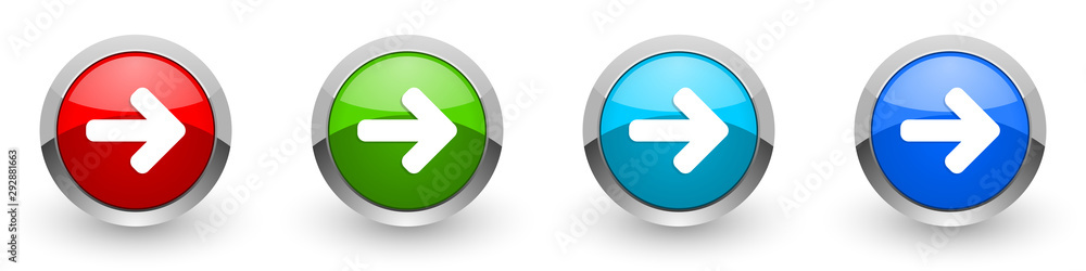 Poster right arrow silver metallic glossy icons, red, set of modern design buttons for web, internet and mo