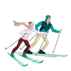 Couple skiers skiing in the snow. Vector characters.