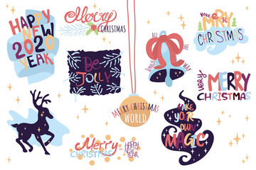 Set of inscriptions of a congratulation happy New Year and Christmas. Flat drawings and a handwritten text
