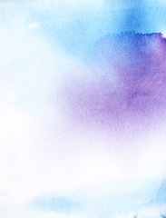 Abstract watercolor background. Gradient from bright purple to white. Saturated ink stains of liquid paint. Delicate purple-blue hues. Light sky with clouds. Template. Hand drawn illustration