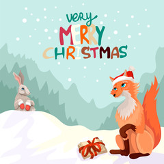 Fox gives a gift to a hare, New Years characters, a fantastic plot, a card merry Christmas