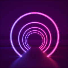 Abstract glowing fluorescent neon light tunnel. Futuristic background. 3D Render