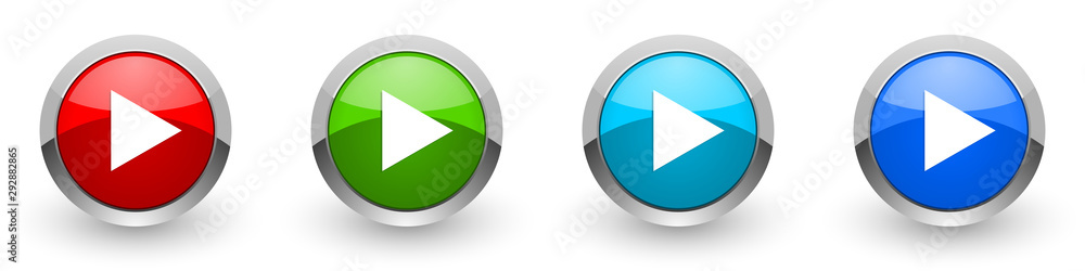 Poster play silver metallic glossy icons, red, set of modern design buttons for web, internet and mobile ap