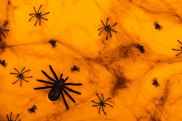 Halloween postcard. Тraditional festival of autumn. Decoration and party concept .Spiders on the web  on a orange background .Flat lay, top view, copy space