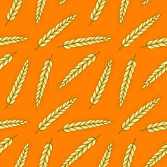 Vector seamless pattern with ears of wheat on orange background. Whole grain, organic, for bakery package, bread products, web design.