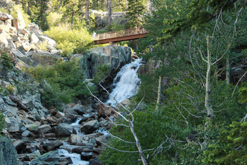 View of the waterfalls and the bridge in Eagle Creek, Tahoe, California