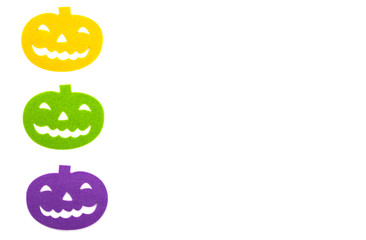 Halloween postcard. Тraditional festival of autumn. Decoration and party concept .Colored pumpkins Isolated on a white background.Flat lay, top view, copy space