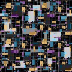 Seamless pattern of blue, purple, gray, beige spots on a black background. Perpendicular lines. Abstraction.