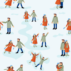 Seamless pattern from people. The loving couple walks in the winter. Vector drawing