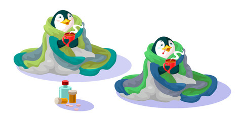 Naklejka premium Penguin in a blanket with a mug hot tea and drugs. Recovers for cold