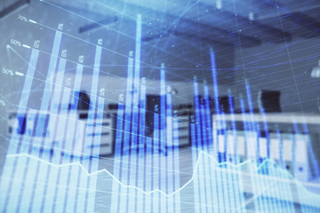 Stock market chart with trading desk bank office interior on background. Double exposure. Concept of financial analysis
