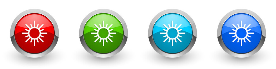 Sun silver metallic glossy icons, red, set of modern design buttons for web, internet and mobile applications in four colors options isolated on white background