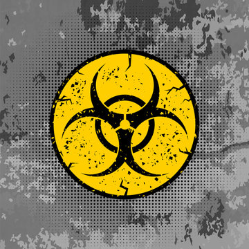 Beware Biohazard Sign Isolated on Grey Grunge Background. International Hazard Symbol. Warning Icon of Virus.