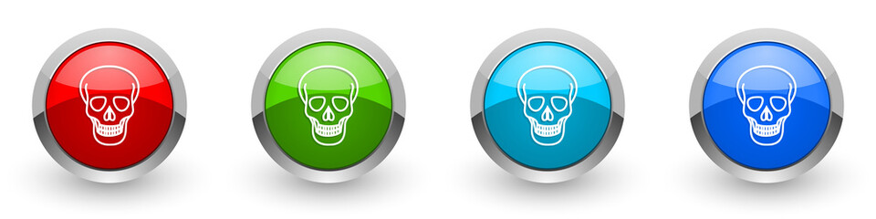 Skull silver metallic glossy icons, red, set of modern design buttons for web, internet and mobile applications in four colors options isolated on white background