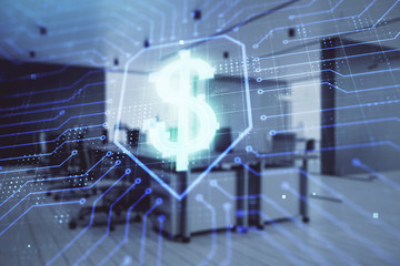 Business theme drawing with office interior background. Double exposure. Concept of success.