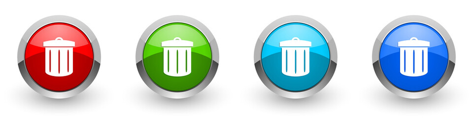 Recycle silver metallic glossy icons, red, set of modern design buttons for web, internet and mobile applications in four colors options isolated on white background
