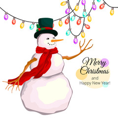 The snowman waves a hand, a winter New Year card