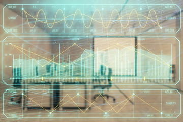 Stock market chart with trading desk bank office interior on background. Double exposure. Concept of financial analysis
