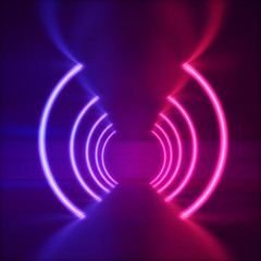 Abstract glowing fluorescent neon light tunnel. Futuristic background. 3D Render