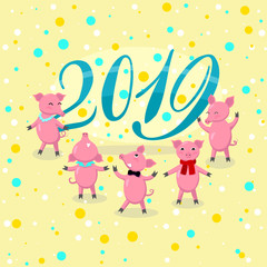 Cheerful pink pigs celebrate new 2019, Christmas poster. Vector drawing on white background