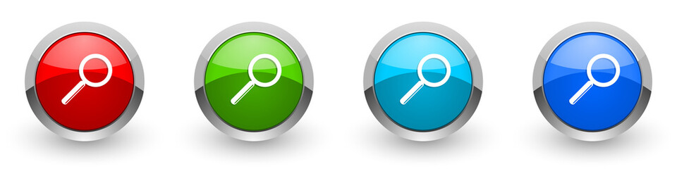 Search silver metallic glossy icons, red, set of modern design buttons for web, internet and mobile applications in four colors options isolated on white background
