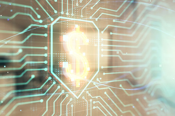 Business theme drawing with office interior background. Double exposure. Concept of success.