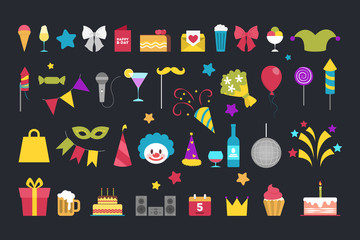 Birthday icon set. Gift package and sweet dessert, candle