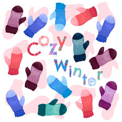 Pattern from multi-colored mittens. Winter cozy illustration. The vector drawing with an inscription Cozy winter