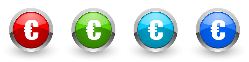 Euro silver metallic glossy icons, red, set of modern design buttons for web, internet and mobile applications in four colors options isolated on white background