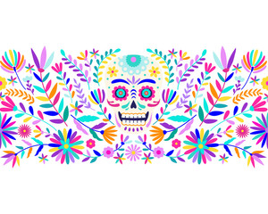 Day of Death seamless border, sugar skull, flowers in ethnic style.