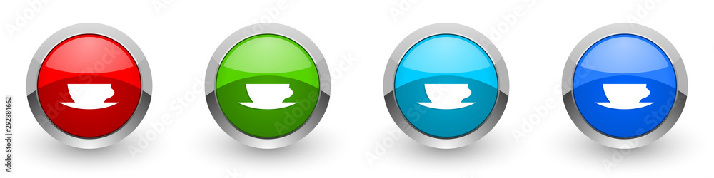 Poster Cofeee silver metallic glossy icons, red, set of modern design buttons for web, internet and mobile applications in four colors options isolated on white background