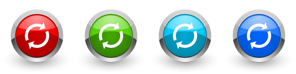 Reload silver metallic glossy icons, red, set of modern design buttons for web, internet and mobile applications in four colors options isolated on white background