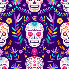 Death Day, seamless pattern, sugar skull on a floral background