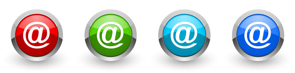 Email silver metallic glossy icons, red, set of modern design buttons for web, internet and mobile applications in four colors options isolated on white background