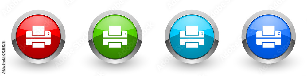 Poster printer silver metallic glossy icons, red, set of modern design buttons for web, internet and mobile