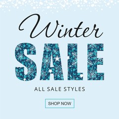 Winter sale banner with snowflakes isolated on blue background.