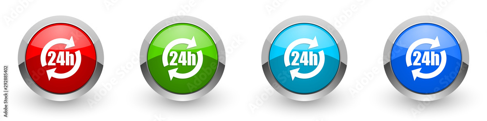 Poster 24h silver metallic glossy icons, red, set of modern design buttons for web, internet and mobile app