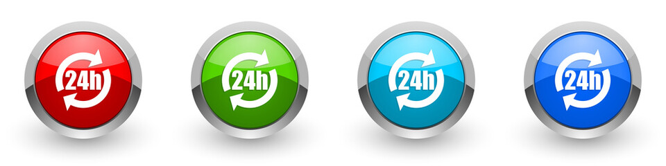 24h silver metallic glossy icons, red, set of modern design buttons for web, internet and mobile applications in four colors options isolated on white background