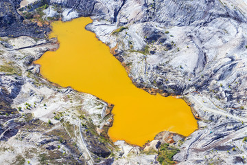 Aerial view of  toxic waste lake from coper mine