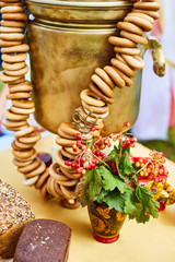 Old vintage samovar and drying close up