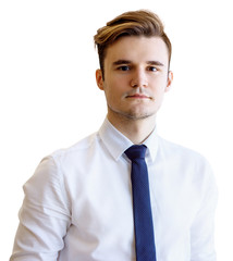 Young businessman posing isolated on white background.