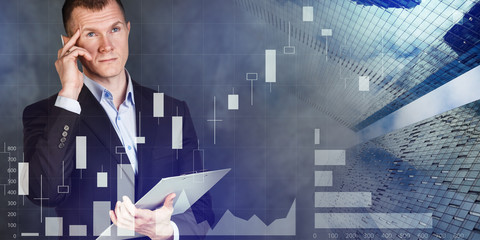 Double exposure of businessman and trading graph.