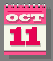 Daily single-leaf calendar pink spine with the open page of 11th October, indication, and...