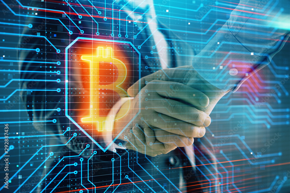 Poster multi exposure of bitcoin sign on abstract background with two men handshake. concept of cryptocurre