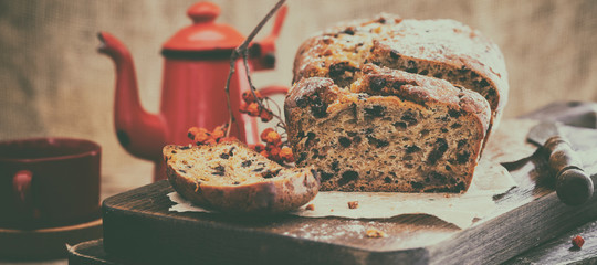 Pumpkin pie with chocolate. Autumn still life. Home baking.