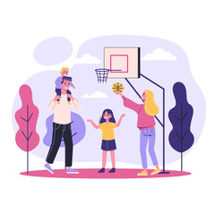Family play basketball together. Outdoor activity. Son, father