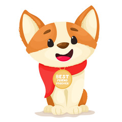 Cute cartoon Corgi puppy with a medallion around his neck. Tagline on the medallion. Best friend forever. Vector illustration on a white background.