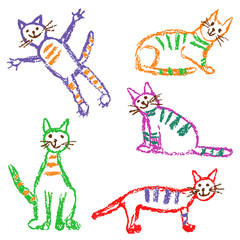 Funny multicolor tabby cat set. Wax crayon like child`s hand drawn cute kitten clip art. Pastel chalk or pencil kids line art stroke sitting, flying cats. Vector artistic colorful doodle simple pets