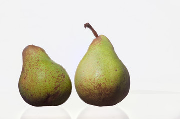 Two pears standing in front of a white background